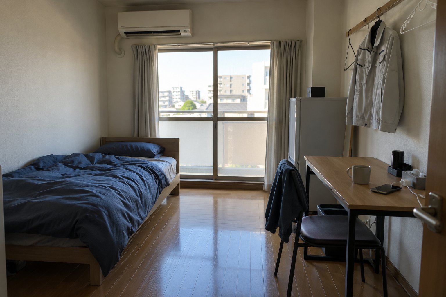 寮の部屋。紺の布団のベッド、木の机といす、冷蔵庫、壁の上にエアコン。壁に作業着が掛けてある