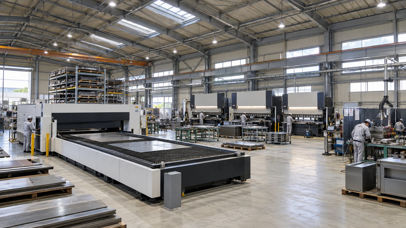 天井の高い工場の中。手前に大きなレーザー加工機、奥にベンダーが3台並び、右の作業台で人が作業している