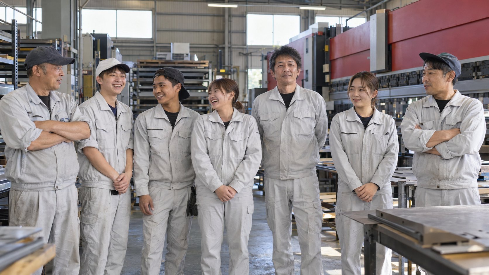 作業着の社員7人が、工場の中に並んでいる。腕を組む人が2人、となりと話して笑う人もいる。右の奥に赤いベンダー