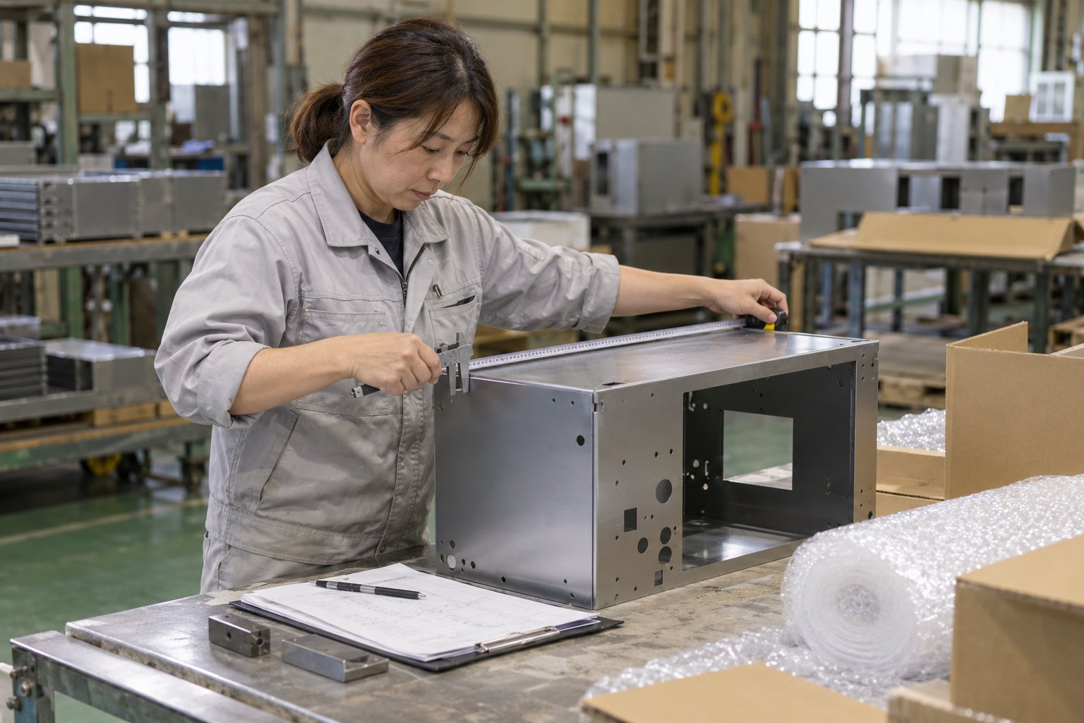 作業着の女性社員が、鉄の箱の寸法をノギスとメジャーで測っている。手前に記録の用紙、右に緩衝材と段ボール