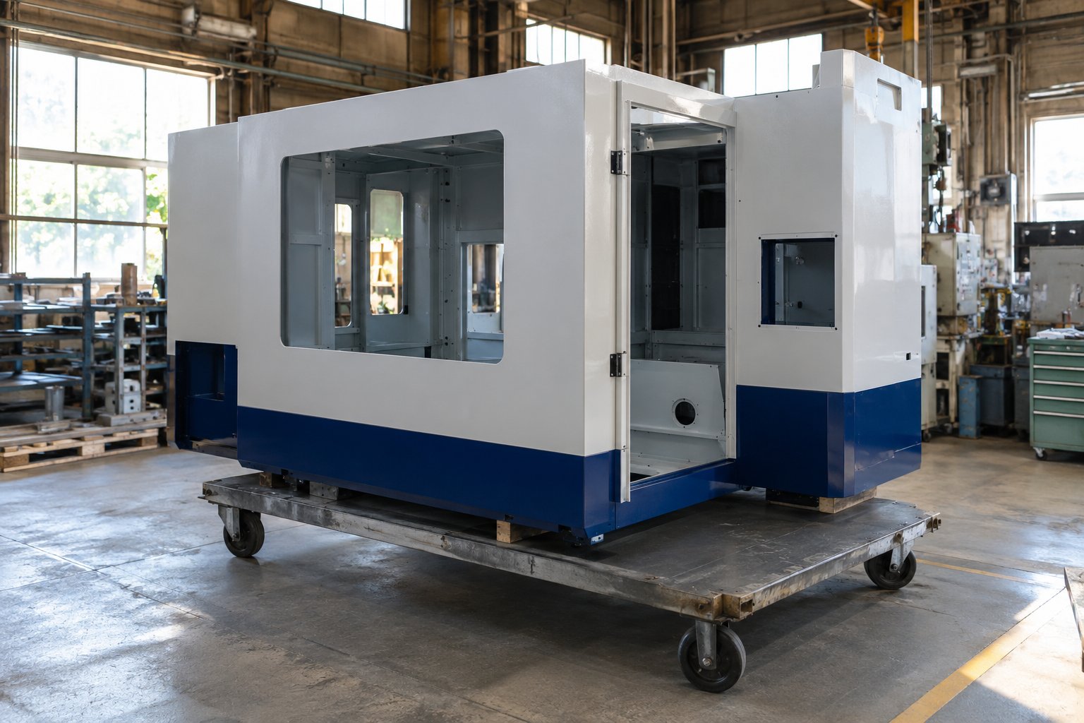 白と群青の2色に塗った工作機械のカバー。窓の穴が開き、扉が開いている。台車にのっている