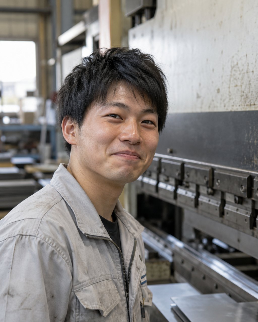 板金の早川さん。作業着で、ベンダーの前にいる