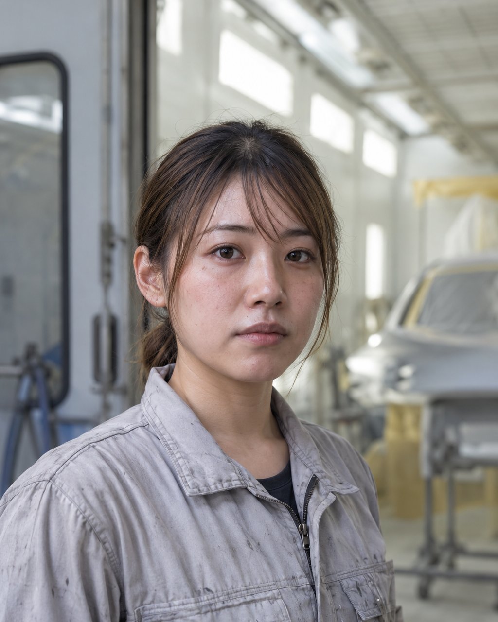 塗装の小松さん。作業着で、白い壁の明るい部屋の前に立っている