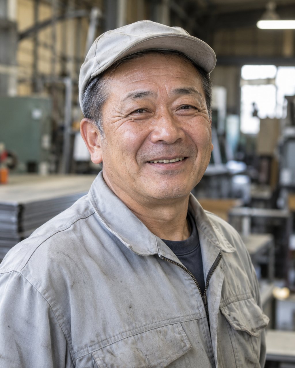 板金の大石さん。帽子をかぶり、工場の中で笑っている